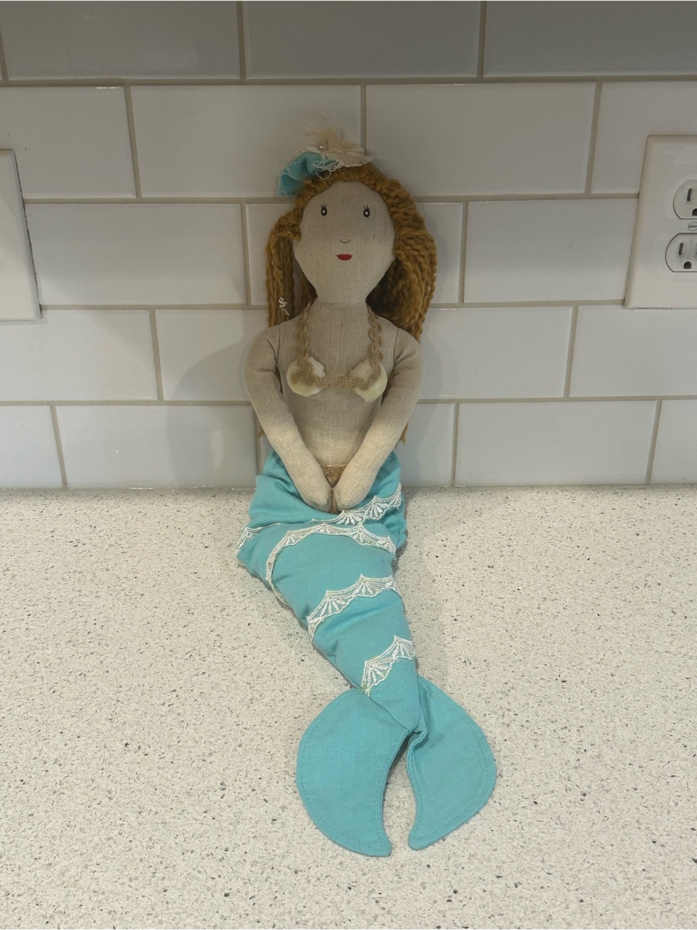 Handmade Fabric Mermaid Doll in Aqua, Shelf Sitter Beach Home Decor